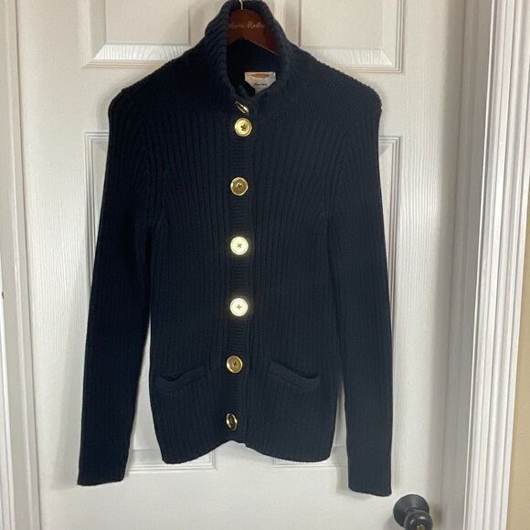 Talbots Sz M Navy Blue Cardigan Pima Cotton Chunky Knit Sweater Gold Buttons N1 - Picture 2 of 12